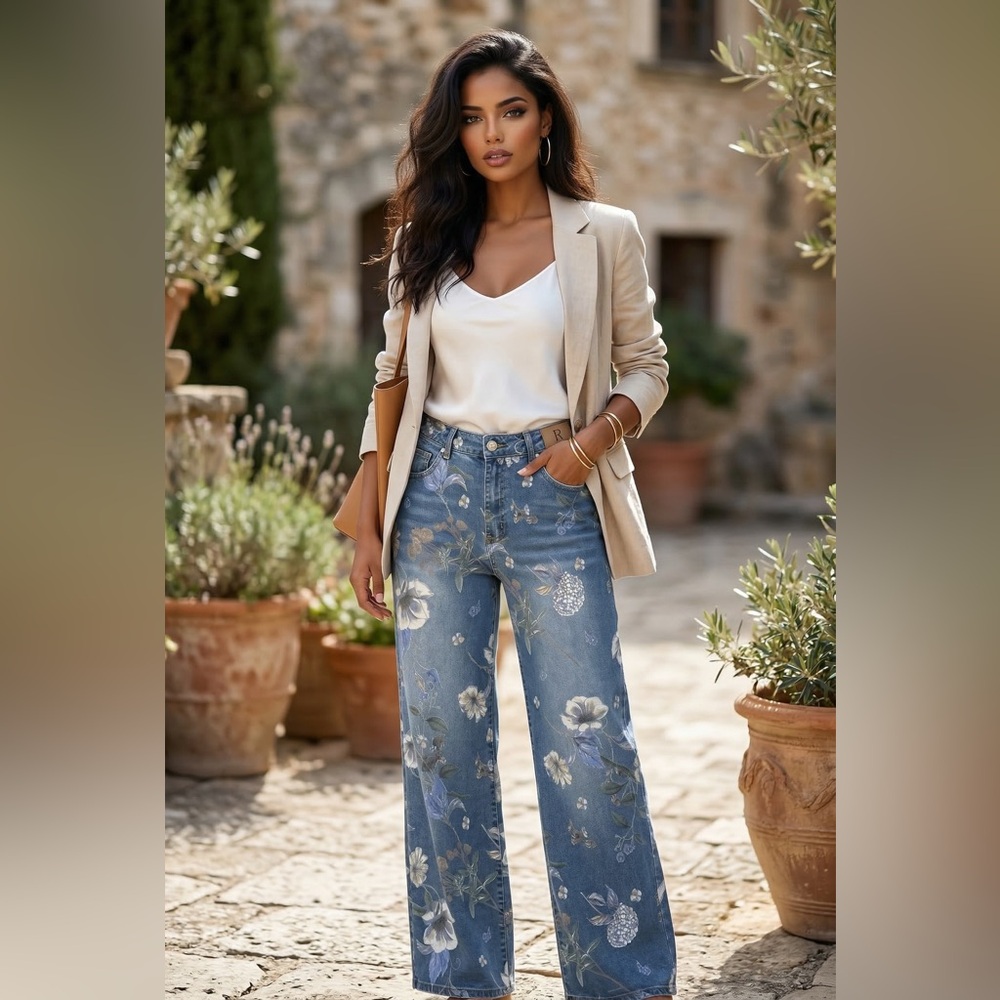 🌟B507. Stylish Floral Wide Leg Jeans
